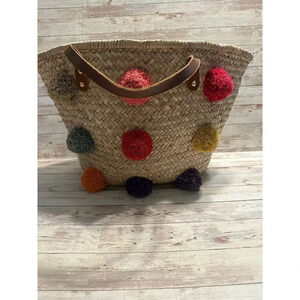 Thacker NYC Straw Shoulder Bag Pom Poms Beach Pool Boho